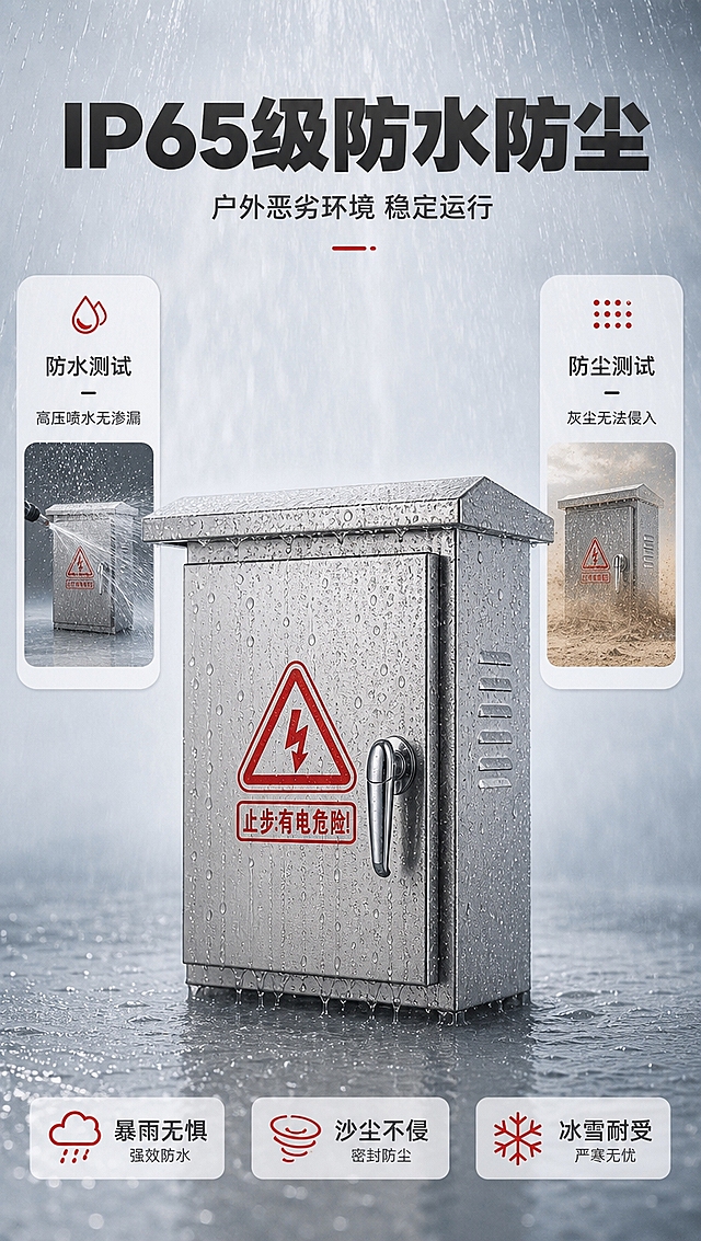 [商品] 使用【图1】脉冲电子围栏防水箱；保留不锈钢银色金属箱体、斜顶防雨顶盖、正面红色闪电警示标志、右侧银色长柄锁具、侧面散热孔；设备外观严格保持原图不变；产品处于喷水测试环境中，箱体表面有水珠流淌，展示防水性能。
[画面] 目标：防水性能测试，可视化证明IP65级防水防尘能力；构图：竖版9:16，产品位于画面中央，占画面约50%，正面微侧角度；上方有模拟雨水/喷泉水流淋下，箱体表面布满水珠，底部有水流滴落；左侧防水测试信息卡，右侧防尘测试示意；顶部标题区；背景为浅灰蓝测试环境背景，带水雾朦胧感，专业实验室氛围。
[视觉] 套系策略：风格=报警行业专业商业摄影，克制高级；标题字=粗黑体，厚重有力；正文字=思源黑体常规；主色=浅灰白+中灰；背景延展=浅灰蓝渐变实验室背景，带水雾光效；强调色=警示红（#D32F2F），仅用于图标、标签、重点词点缀；标题色=深炭灰；正文色=中灰；组件=圆角测试信息卡、水滴光效、红色认证图标；光影=顶部模拟雨淋光效，产品金属表面水珠反光真实。
[文字] 顶部主标题：IP65级防水防尘；副标题：户外恶劣环境 稳定运行；左侧信息卡：防水测试 高压喷水无渗漏；右侧信息卡：防尘测试 灰尘无法侵入；底部3个性能标签：暴雨无惧、沙尘不侵、冰雪耐受；所有文字横向排版，清晰可读。
[规格] 图片比例9:16竖版，4K分辨率，负向提示：避免产品变形、深色纯黑背景、过于彩色花哨、文字竖排、人物、水印、极限词、虚假数据。