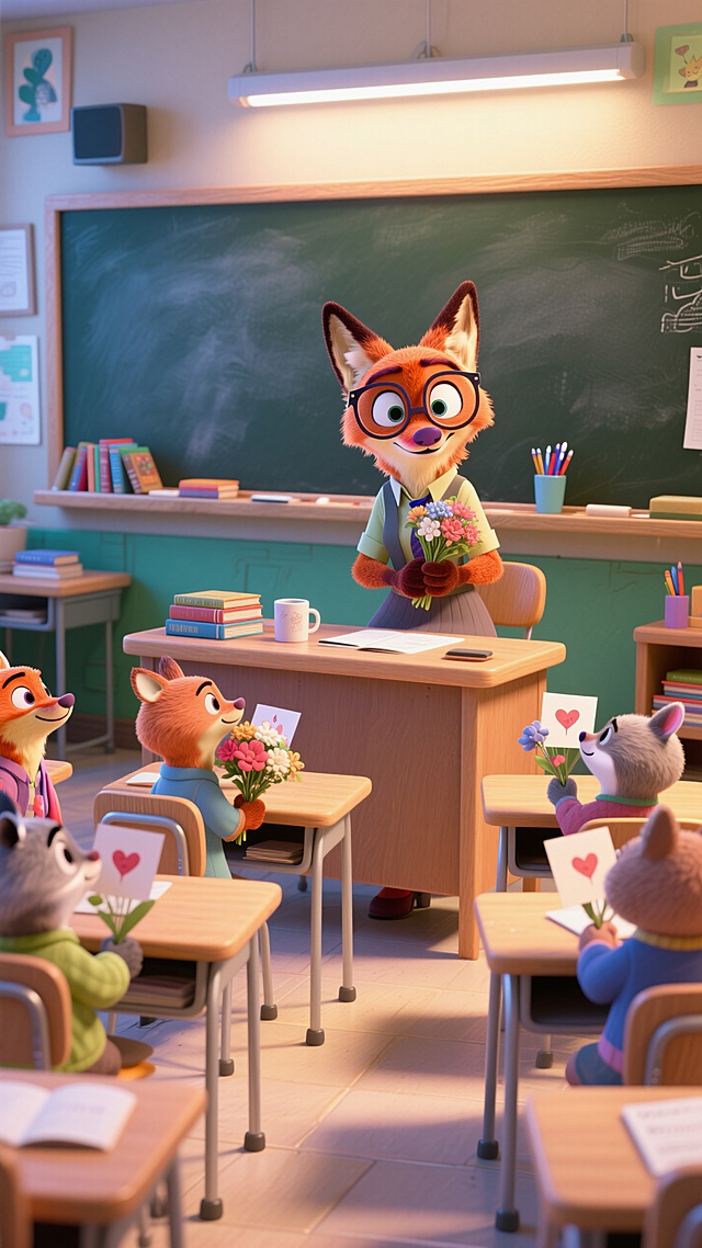 以狐狸老师（女）为主角，它戴圆框眼镜，穿休闲职业裙，坐在教室讲台桌前，桌上有书本、杯子、文具。讲台后是黑板。前方是几只穿不同衣服的小动物学生，手捧鲜花和贺卡。温馨课堂氛围。