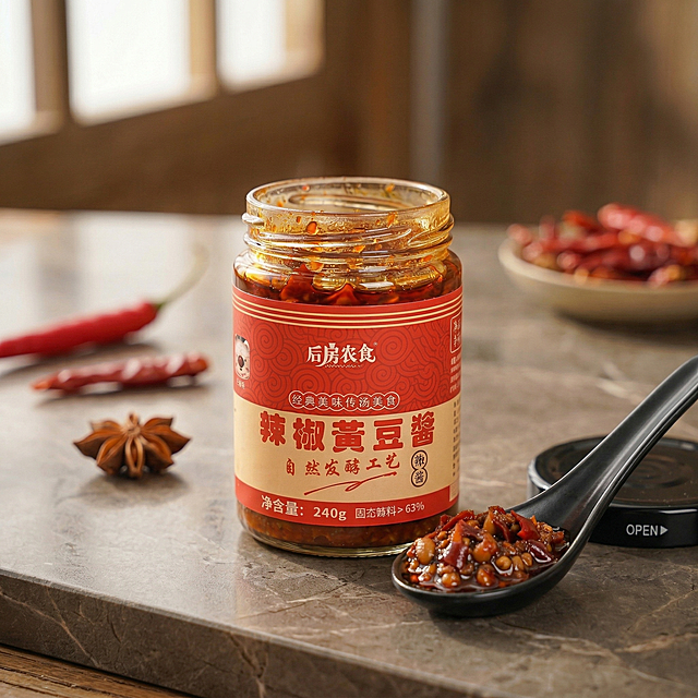 保持酱产品本体完全不变，产品包装形状、结构、图案、文字均不修改，保留酱料原有颜色、颗粒和质感，更换为和之前所有生成结果都完全不同的全新场景，保持暖色调自然光，柔和侧光，红油油润反光，辣椒鲜亮，微距特写，浅景深，浓郁酱香，干净高级，美食商业摄影质感，超有食欲