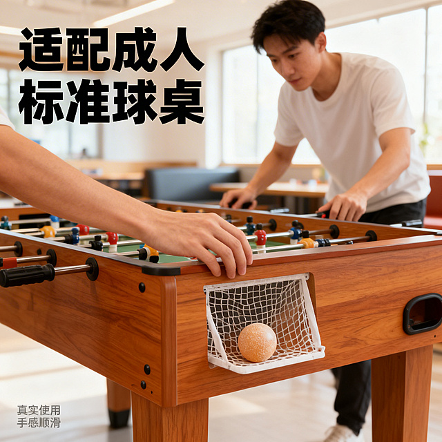 [垫图] https://gdesign-dam-hz.dancf.com/35905136341133410/67e220d6a37040c6ae48964ed1ebcae5.jpg [主图主题] 使用场景展示
[氛围/风格] 真实运动场景，活力专业
[画面元素] 亚洲男性玩家操作桌上足球，手部在球桌上方，磨砂足球放在球桌球门附近，真实还原使用场景，玩家手部动作自然，场景清晰，突出产品在实际使用中的状态，环境为室内休闲娱乐空间，光线明亮自然。
[配色色系] 木质球桌暖棕色，背景整体明亮自然，产品颜色清晰突出
[视角构图] 平视场景构图，人物和产品自然融合
[文字版式] 左上角主标题 "适配成人标准球桌"，黑色粗体，左下角补充小字 "真实使用 手感顺滑"，文字放置在背景留白处，不遮挡人物和产品主体。