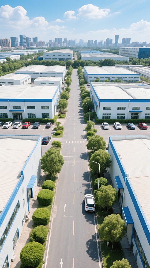 高角度航拍视角下的现代化工业园区背景，宽阔整洁的厂区道路两侧是修剪整齐的绿色灌木丛和高大乔木，排列有序的白色单层工业厂房带有蓝色边框和大面积玻璃窗，停车场内停放着多辆不同颜色的汽车，远处可见连绵的城市建筑群和被蓝天白云覆盖的晴朗天空，阳光明媚，光影清晰，整体呈现出干净、有序、充满活力的工业环境氛围。