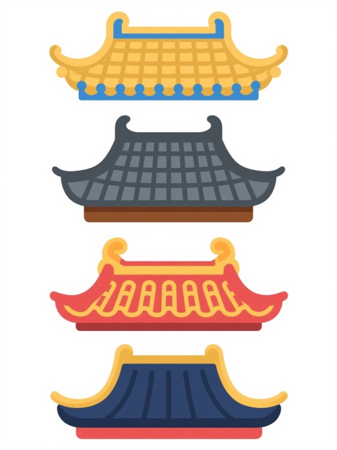 四个中国传统建筑屋顶的卡通风格矢量插画，以规整的垂直排列方式组合在纯白色背景上。每个屋顶造型完全不同，保留原元素的瓦片、飞檐等核心特征，采用不同的色彩搭配：第一个为金色瓦片配蓝色装饰，第二个为深灰色瓦片配棕色底座，第三个为红色瓦片配黄色纹样，第四个为深蓝色瓦片配金色边角。整体风格保持一致的扁平化设计，线条简洁流畅，色彩明快鲜艳，无任何文字、LOGO、二维码等元素，适合作为系列素材集合使用。预览效果