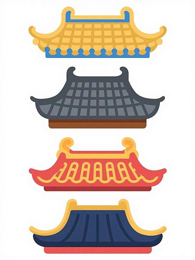 四个中国传统建筑屋顶的卡通风格矢量插画，以规整的垂直排列方式组合在纯白色背景上。每个屋顶造型完全不同，保留原元素的瓦片、飞檐等核心特征，采用不同的色彩搭配：第一个为金色瓦片配蓝色装饰，第二个为深灰色瓦片配棕色底座，第三个为红色瓦片配黄色纹样，第四个为深蓝色瓦片配金色边角。整体风格保持一致的扁平化设计，线条简洁流畅，色彩明快鲜艳，无任何文字、LOGO、二维码等元素，适合作为系列素材集合使用。