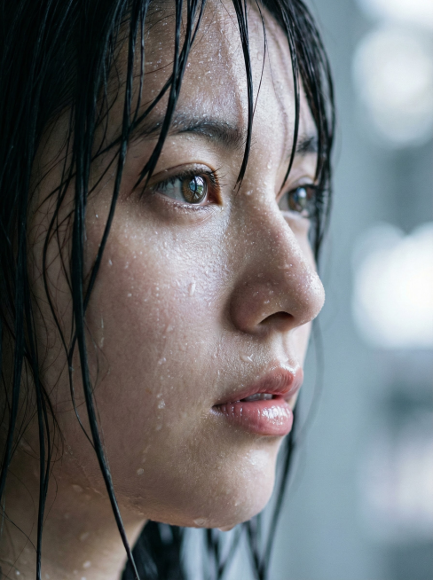 M的这个提示词的人物面部皮肤真的是太真实细腻了呀☺

Prompt：

{

“提示”：使用人物的面部特征不发生任何变化。“极致湿身特写肖像，年轻女子侧脸。深色湿发自然地贴在皮肤上。细小的水珠和汗珠在预览效果