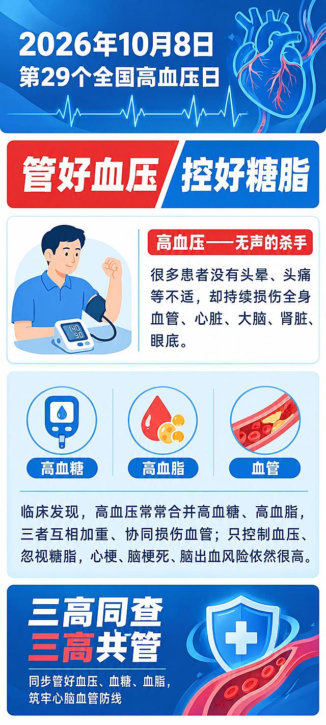 设计一张长竖版医疗健康科普宣传图（竖构图长图），整体风格为现代简约的医疗健康科普信息图，蓝白为主色调，点缀红色强调，干净专业、层次分明。画面自上而下分为若干区块，每一段文字必须清晰、准确、无错别字、无乱码、无多余字符，中文排版工整对齐。

顶部区块（深蓝色渐变背景配心电波形线条与简化血管/心脏描边插画）：大号白色标题文字"2026年10月8日"，其下方一行文字"第29个全国高血压日"。

第二区块（红蓝撞色横幅，醒目色块）：主题标语大字"管好血压 控好糖脂"。

第三区块（白底卡片，左侧配一个握拳血压计的扁平插画人物）：小标题"高血压——无声的杀手"，正文"很多患者没有头晕、头痛等不适，却持续损伤全身血管、心脏、大脑、肾脏、眼底。"

第四区块（浅蓝底卡片，配三个小图标分别代表血糖、血脂、血管）：正文"临床发现，高血压常常合并高血糖、高血脂，三者互相加重、协同损伤血管；只控制血压、忽视糖脂，心梗、脑梗死、脑出血风险依然很高。"

底部区块（深蓝底横幅，配盾牌与血管防线图标）：大号标语"三高同查 三高共管"，副标题"同步管好血压、血糖、血脂，筑牢心脑血管防线"。

整体画面排版整齐，文字区块用圆角卡片分隔，图标简洁扁平，色调专业可信，适合医院与社区卫生宣教使用。