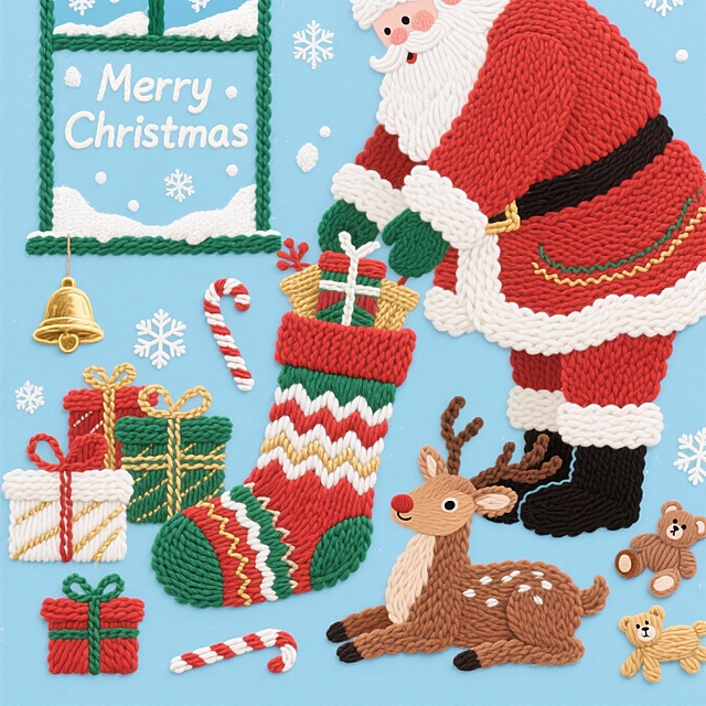 圣诞老人正在给袜子里塞礼物，脚边是一只可爱麋鹿趴着，周围散落了一些不同大小的礼品盒，窗外是飘落的雪花，窗户上是英文“Merry Christmas”艺术字，房间内点缀着金色铃铛、拐杖糖、玩具小熊等，温馨氛围。