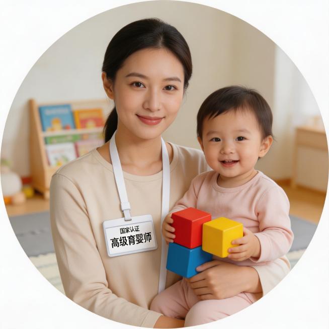 正方形居中构图抖音头像，画面核心为国家认证高级育婴师真人出镜，身着简约温柔家居服，佩戴写有高级育婴师的工牌，气质亲和有信任感，怀中抱着2岁左右健康萌娃，宝宝双手正拿着大块益智积木玩具，自然呈现玩耍状态预览效果
