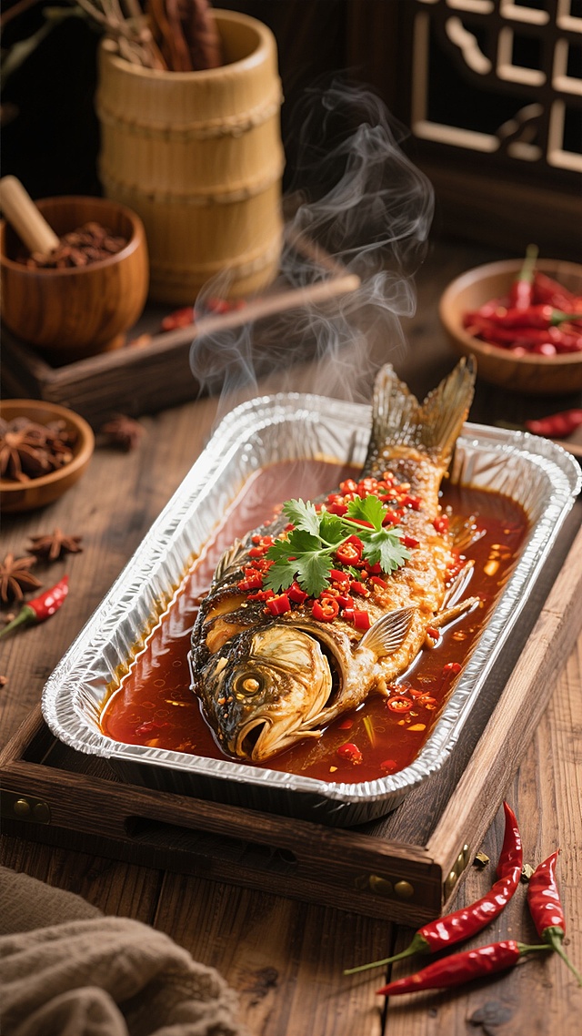 木质桌面上，铺着锡纸的托盘里盛满红褐色汤汁，一条完整的烤鱼表面覆盖着鲜红辣椒碎、翠绿香菜叶，热气袅袅升腾，营造出温暖诱人的氛围，背景有古朴的竹制容器、盛有香料的木碗和散落的红辣椒，整体呈现写实的美食摄影风格，光线柔和，突出食物的质感与色彩，色调以暖棕色、红色和绿色为主，构图饱满，充满烟火气。