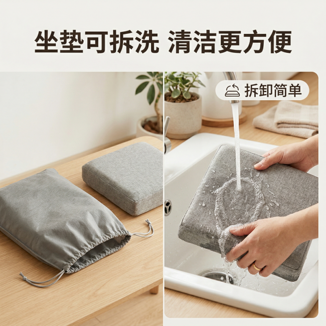 展示无纺布束口袋可拆洗功能，主图呈现坐垫拆卸清洗的使用场景，画面左侧是拆卸完成的束口袋，右侧是正在流水下冲洗坐垫的特写，整体保持舒适简约家居治愈风格，浅色系干净背景，柔和自然光。文案：顶部主标题“坐垫预览效果