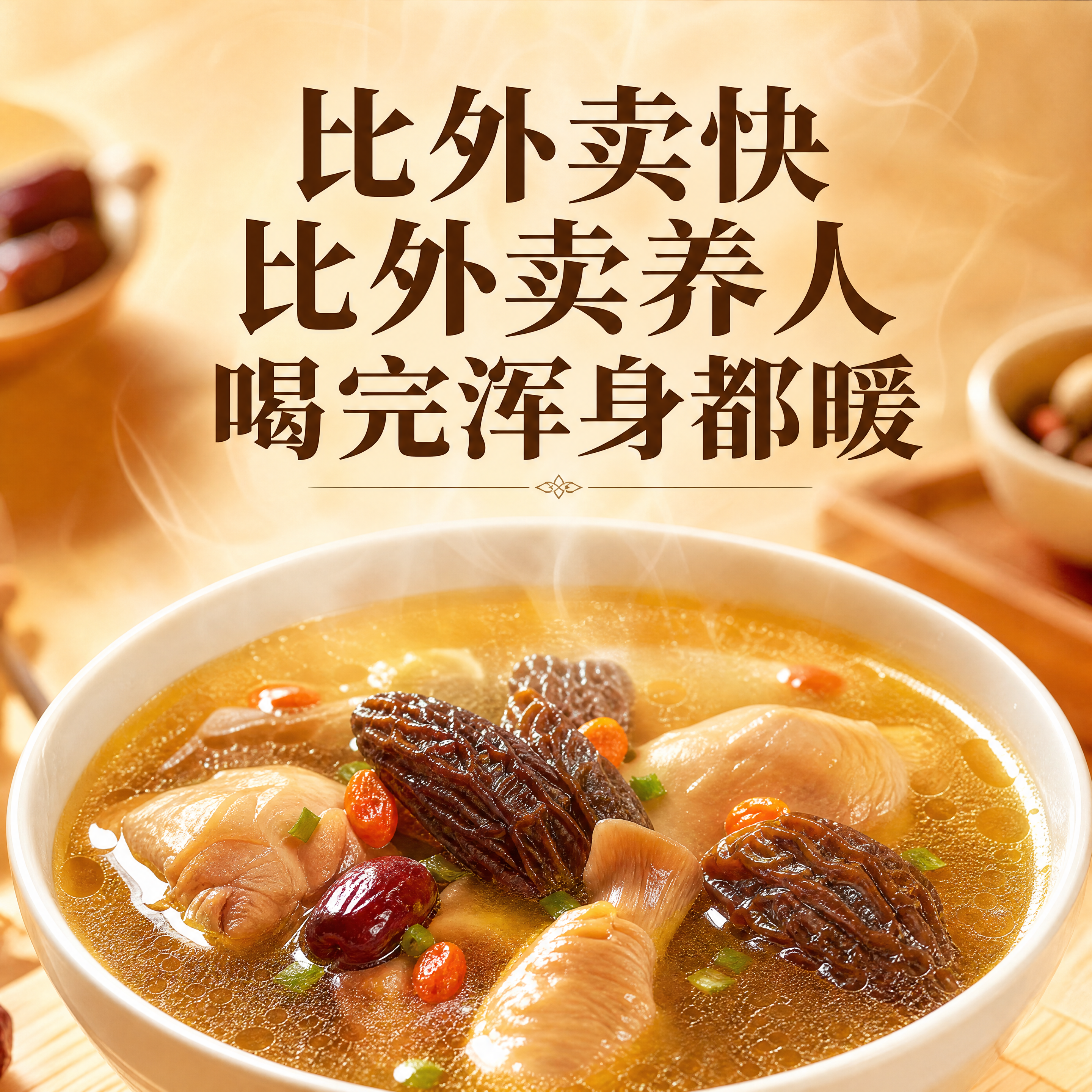 [主图3] 一碗煲好的成品羊肚菌鸡汤展示，汤色金黄透亮，表面升… - 图片创意预览