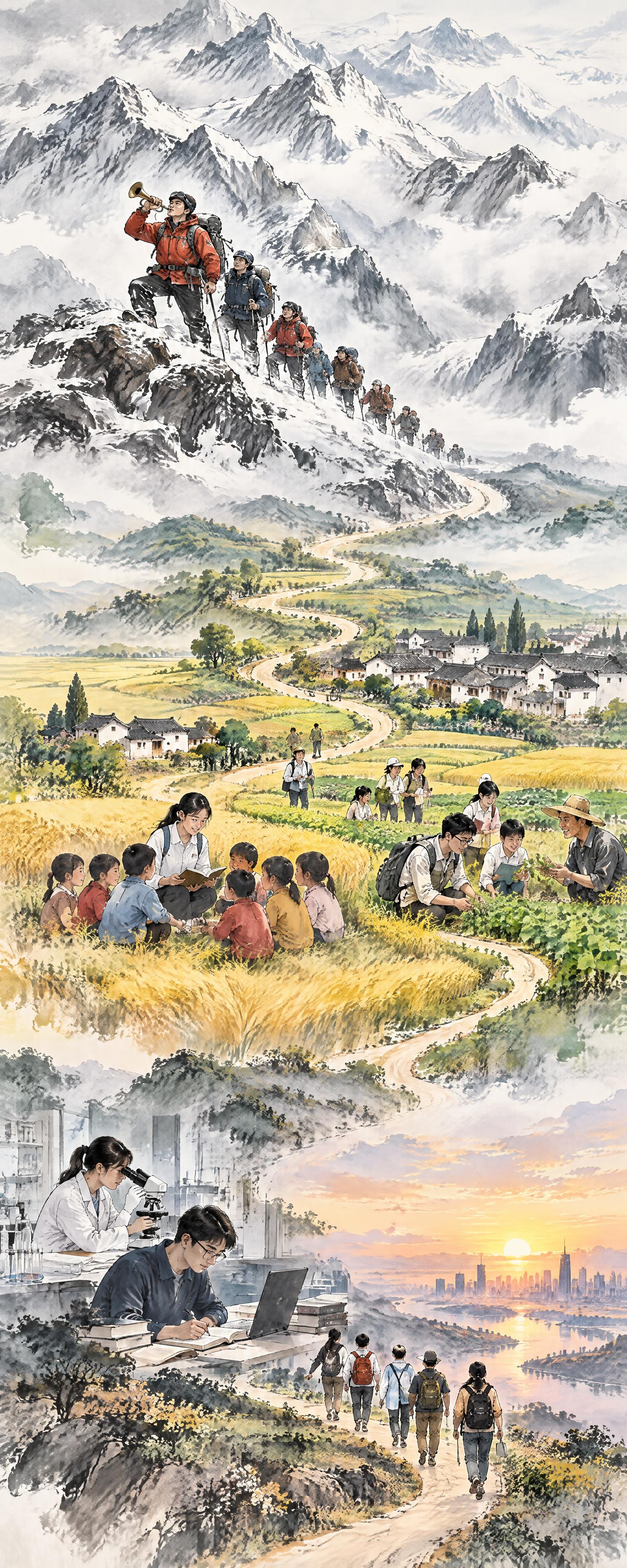 竖幅长卷水墨国画，一条蜿蜒长路自上而下贯穿整幅画面，串联起三段… - 图片创意预览