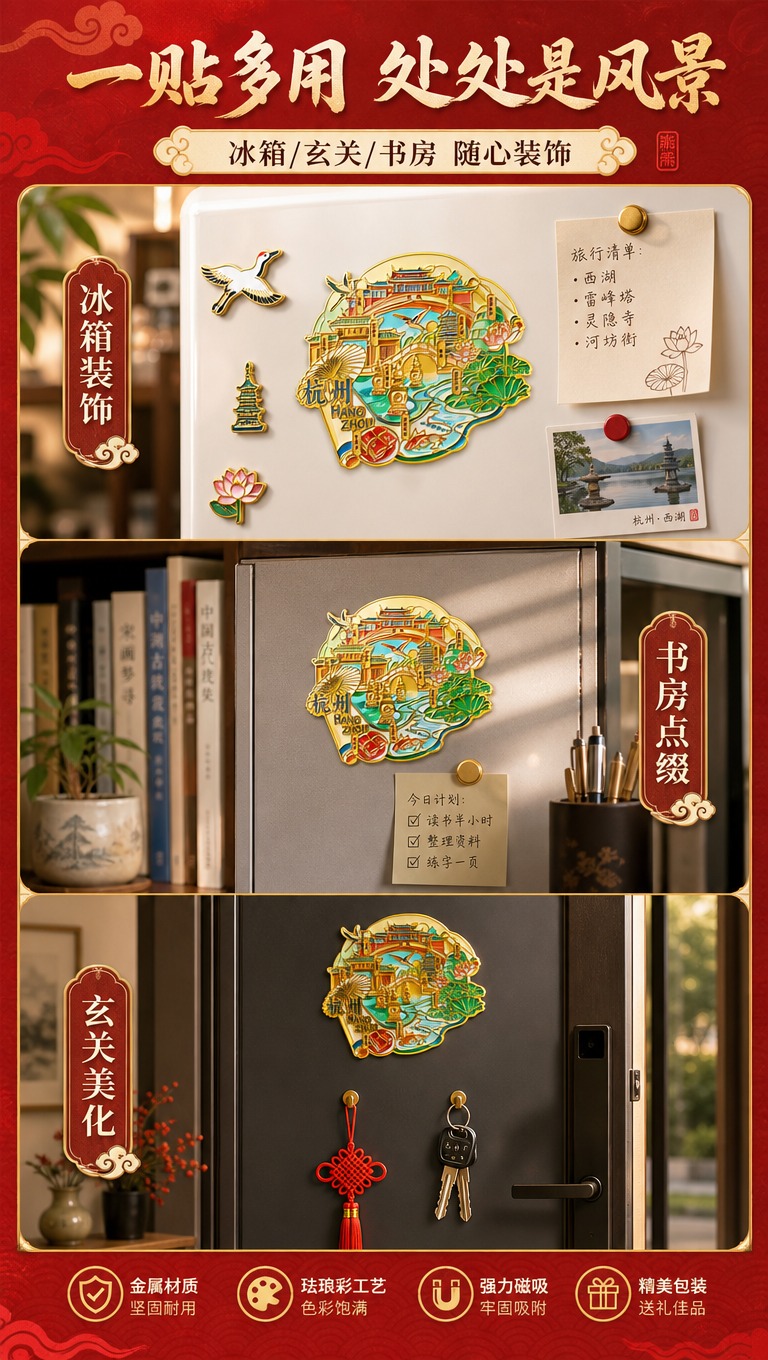 [商品] 使用【图1】杭州城市主题国潮金属冰箱贴；保留整体轮廓… - 图片创意预览
