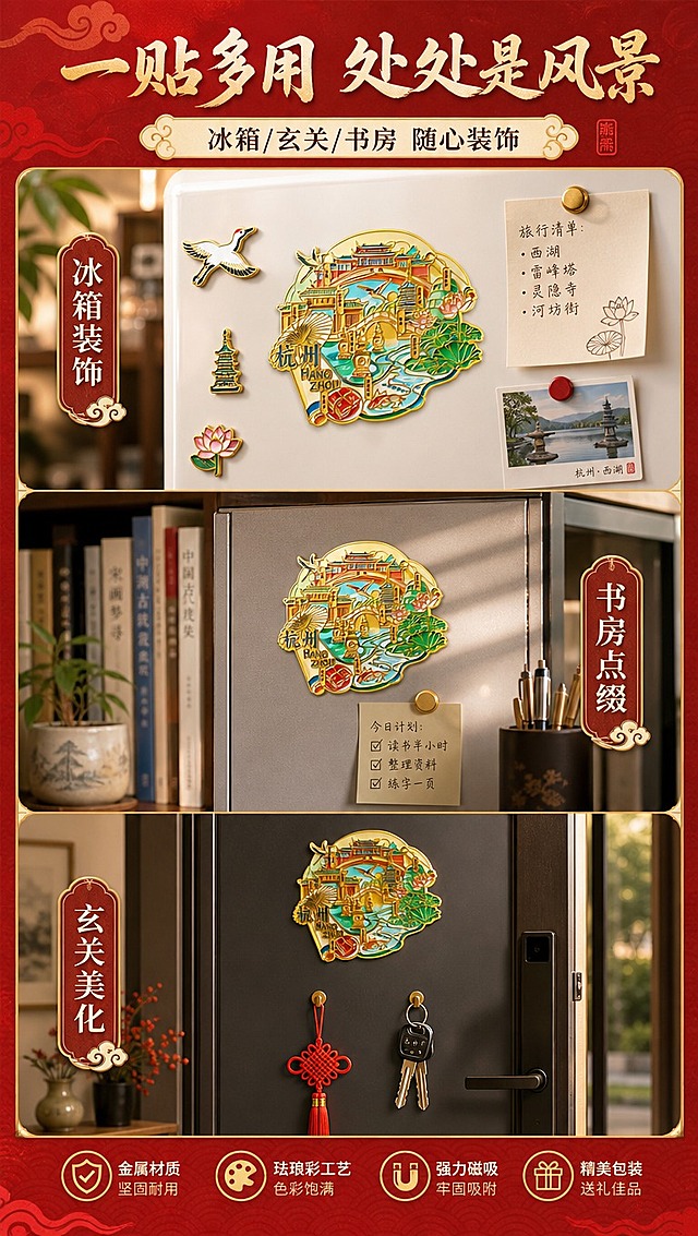 [商品] 使用【图1】杭州城市主题国潮金属冰箱贴；保留整体轮廓、金色金属描边、珐琅彩色、杭州地标建筑、"杭州 HANG ZHOU" 文字、仙鹤与荷花元素；商品处理：保持产品原貌，增强金属光泽与色彩饱和度，适配不同场景的光影反射。
[画面] 页面目标：场景种草，展示冰箱贴在生活中的多种装饰用法。构图：三格竖排拼图，从上到下分别为：冰箱门贴放场景（白色冰箱门上贴冰箱贴，旁边有磁贴和便签）、书房书架陈列场景（贴在金属文件柜/磁吸板上）、玄关入户装饰场景（贴在入户门磁吸装饰板上）。每格占画面约1/3高度，格间有细金线分隔。
[视觉] 套系策略：风格=国潮新中式精致文创商业摄影；标题字=国风书法体+现代粗宋结合；正文字=简洁无衬线中黑体；主色=朱红+暖金+青绿；背景延展=基于朱红与暖金做深浅层级、同色渐变和国风云纹/水纹质感；强调色=鎏金色，仅用于小面积图标、引线、标签和局部光效；标题色=深朱红+烫金效果；正文色=深棕灰；组件=圆角金边信息卡、祥云纹分隔线、中式印章元素；光影=每个场景独立打光，均为暖调自然光，金属表面有真实环境反射。
[文字] 顶部主标题"一贴多用 处处是风景"，副标题"冰箱/玄关/书房 随心装饰"，每格场景旁配短标签：「冰箱装饰」「书房点缀」「玄关美化」，文字不遮挡产品主体。
[规格] 图片比例9:16竖版，4K分辨率，淘宝/天猫详情页适配，中文文案；避免变形、错字、文字过小、产品比例失真、场景不真实、出现极限词。
