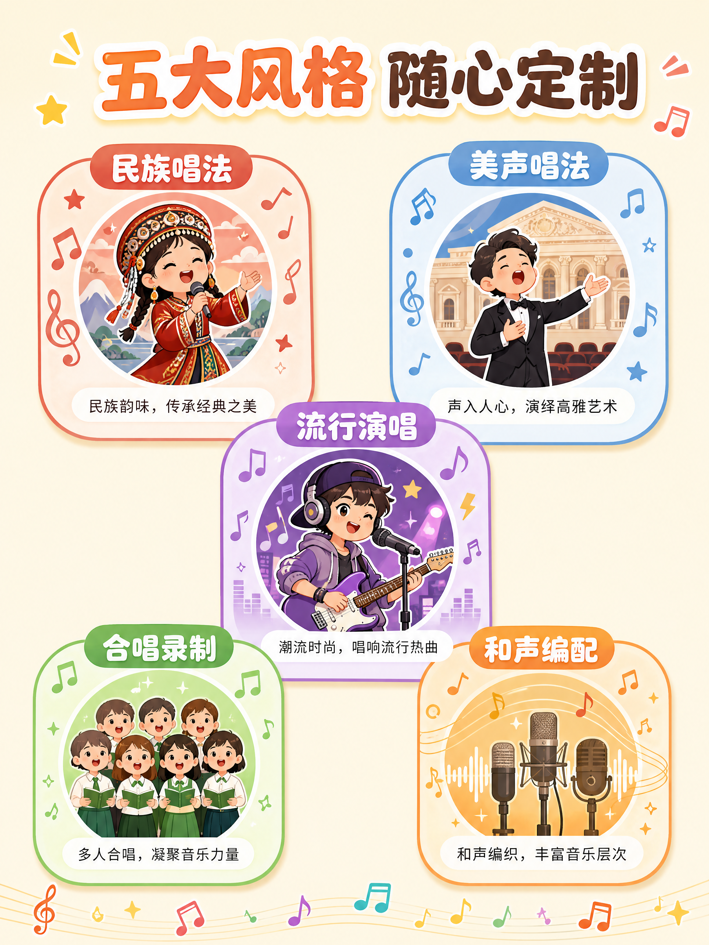 [第2张] 代唱服务品类展示页，五大风格分类介绍。卡通可爱风格… - 图片创意预览