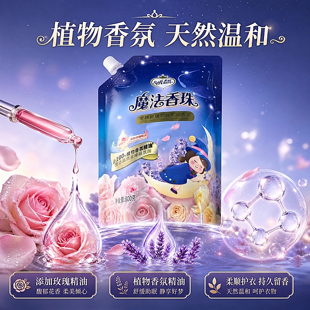 [主图-3] 介绍图-成分品质：植物香氛精油与玫瑰精油成分展示，突出天然安心品质。
[统一基调] 京东平台品质稳重风格，文字占比<30%，一图一重点。整体高端精致梦幻静谧，深蓝紫星空渐变主色调，点缀星光与花瓣元素。标题字色为珍珠白配金色描边，辅助字色为浅薰衣草紫，强调色为玫瑰金。字体为优雅衬线体，字号层级分明。
[画面] 产品位于画面中央偏上，占比约45%，正面展示，外观与输入图完全一致。产品下方环绕三组成分视觉元素：左侧是新鲜玫瑰花与玫瑰精油滴液特写，中间是薰衣草花穗与紫色精油滴液，右侧是透明的植物精华分子结构示意（柔和发光效果）。成分元素周围有水珠和光晕，体现天然纯净。背景为浅蓝紫渐变，比首图更明亮，有柔和光斑。
[光影质感] 商业摄影质感，清透明亮，侧逆光突出精油滴液的通透感和花瓣的纹理细节，产品光影自然融入场景。
[配色] 浅蓝紫渐变背景 + 玫瑰粉 + 薰衣草紫 + 珍珠白文字 + 金色点缀。
[文字版式] 顶部主标题「植物香氛 天然温和」，下方三列短标签式文案：「添加玫瑰精油」「植物香氛精油」「柔顺护衣 持久留香」。文字为优雅衬线体，主标题在上居中，三列标签在底部，字号适中，清晰可读。
[输出要求] 1:1正方形比例，文字清晰可读，产品清晰完整不变形。负向：禁止出现第二件、半价、加赠、一瓶即净、一瓶搞定等违规词；禁止保证性词汇；禁止出现100%等绝对化用语；禁止出现其他产品；禁止产品变形、错字、模糊、杂乱、水印、京东Logo。