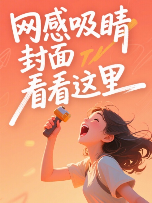 文案内容为“网感吸睛封面看这里”，手写涂鸦字体，右下角一个写实女生拿着朝天大喊，暖色调配色预览效果