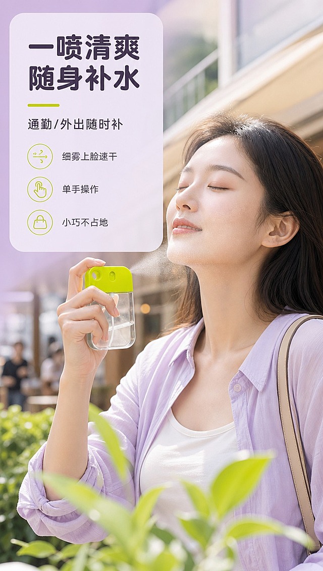 [商品] 使用【图1】卡片式便携喷雾瓶（黄绿色款）；保留卡片造型、挂孔、按压喷头、透明瓶身、吸管结构与黄绿色上盖颜色；产品由人物手持使用，喷头朝向脸部/手部前方，符合真实喷洒方向。
[画面] 目标：人物使用页，展示年轻女性在日常通勤外出场景中真实使用喷雾瓶的动作。构图：左文右图，右侧为人物半身（肩线以上），手持喷雾瓶对准脸颊侧前方喷洒细雾；产品占画面约50%；景别：中近景人像；前景为柔和虚化绿植叶片，中景人物与喷雾瓶，背景为街景/咖啡店外摆柔焦；阅读动线从左上到右下。
[视觉] 套系策略：风格=清新马卡龙日用商业摄影风；标题字=圆润黑体粗体；正文字=简洁无衬线黑体；主色=淡薰衣草紫；背景延展=基于淡紫做左上淡紫信息卡与右侧自然场景融合，场景色偏暖柔；强调色=荧光黄绿色，仅用于小面积图标、引线和标签；标题色=深紫灰；正文色=中暖灰；组件=圆角信息卡、细线引线；光影=自然光感左前侧柔光，人物皮肤通透，喷雾细雾可见。
[文字] 左上信息卡主标题「一喷清爽 随身补水」，副标题「通勤/外出随时补」，下方3个短卖点：「细雾上脸速干」「单手操作」「小巧不占地」；文字全部横向排版，不遮挡人物脸部与喷雾瓶主体。
[规格] 图片比例9:16竖版，4K分辨率，负向提示：避免变形、错字、文字过小、竖排文字、瓶身结构失真、喷头方向错误、冷蓝灰调、低俗擦边、绝对化用语。