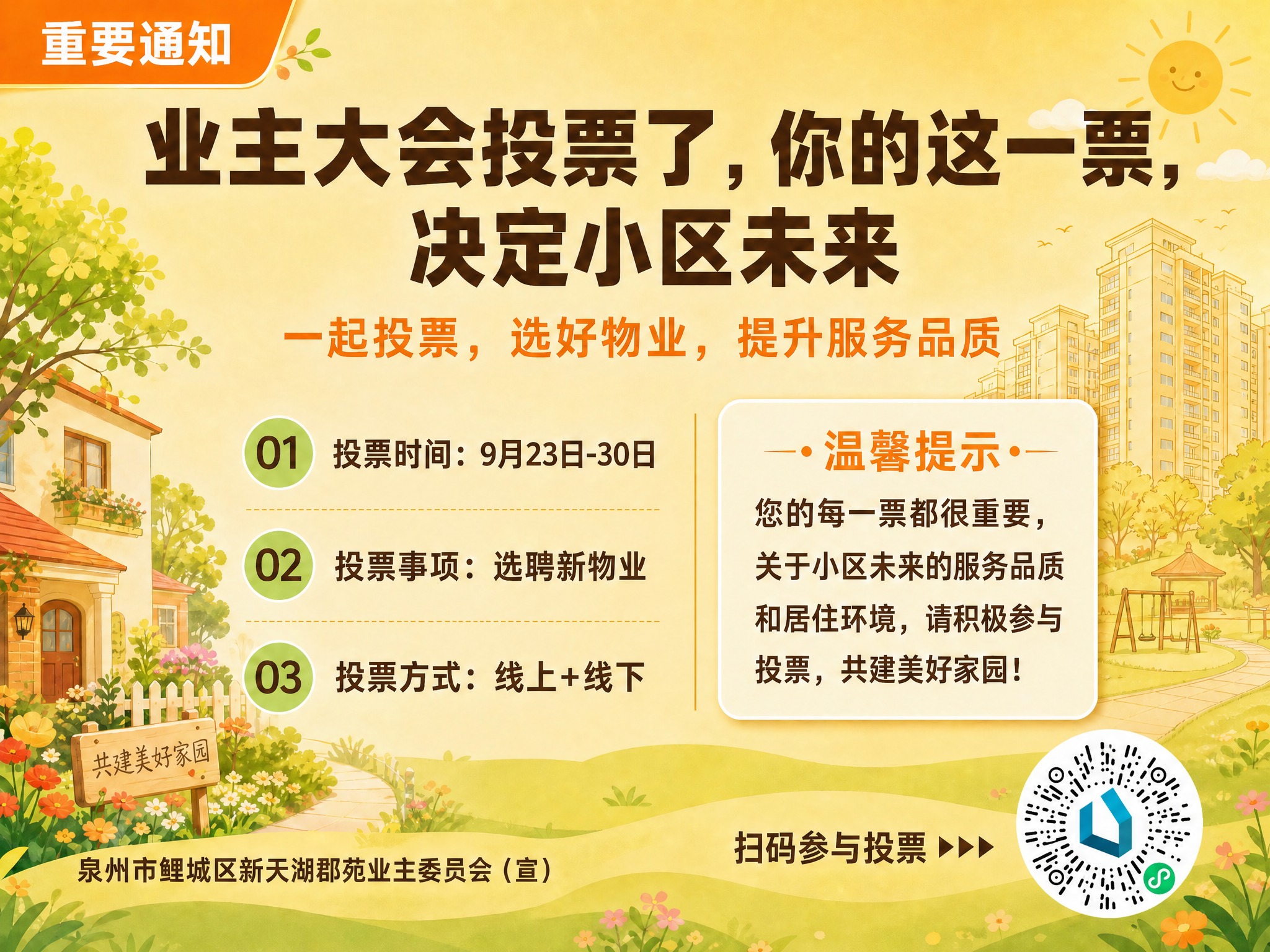 将这张温馨社区风格电梯海报右下角的二维码占位方块，替换为用户提… - 图片创意预览