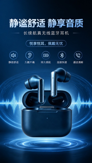 9:16比例的电商营销海报，商品为深蓝色真无线蓝牙耳机，100%还原上传商品图的产品外形、包装、LOGO、材质质感、颜色与正面朝向。整体风格为科技高级风，声波环绕产品营造科技氛围，背景采用渐变深蓝色调预览效果
