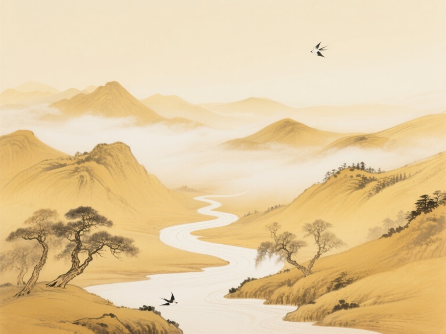 中国传统水墨风格金色山水画卷，变换布局的写意风景，柔和的米黄色至浅金色渐变色调，淡雅朦胧的光影效果，平滑细腻的线条勾勒出山峦轮廓，远处云雾缭绕的群山层次分明，蜿蜒曲折的河流如白色丝带穿梭于金色山谷间，预览效果