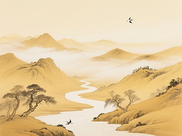 中国传统水墨风格金色山水画卷，变换布局的写意风景，柔和的米黄色至浅金色渐变色调，淡雅朦胧的光影效果，平滑细腻的线条勾勒出山峦轮廓，远处云雾缭绕的群山层次分明，蜿蜒曲折的河流如白色丝带穿梭于金色山谷间，几棵造型古朴的树木点缀在山脚河畔，两只飞鸟在天际自由翱翔，整体营造出宁静悠远、开阔大气的东方意境，构图疏密有致，留白恰到好处，展现出空灵缥缈的水墨韵味