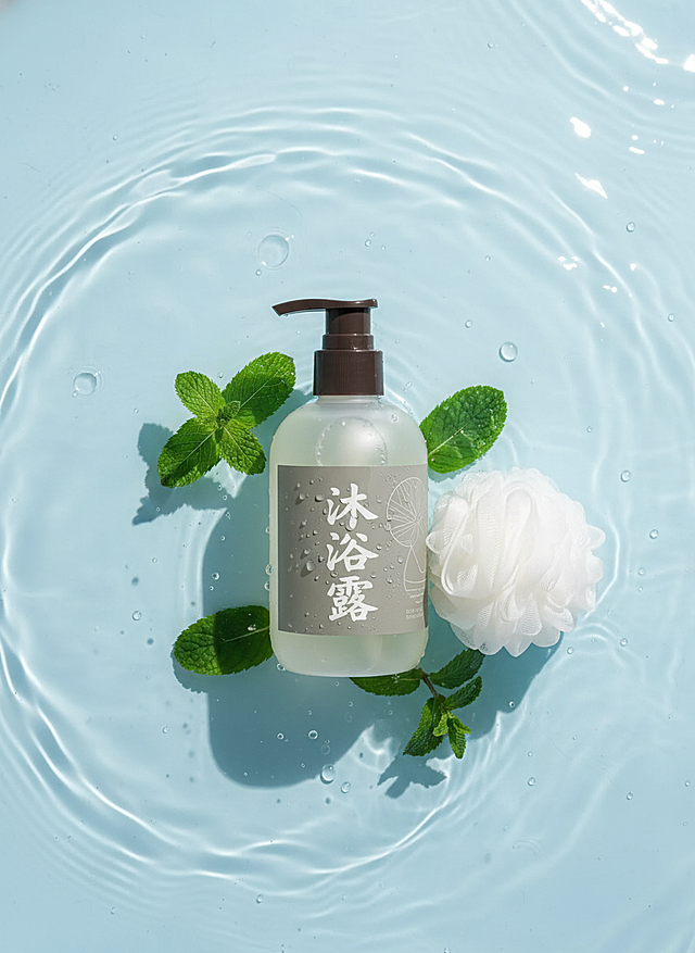 主体泡在波光粼粼、带有闪烁光点的淡蓝色水池里，以俯拍视角呈现，清新、水润的质感，周围有沐浴元素点缀，采用写实的产品摄影风格，适合电商美妆海报。