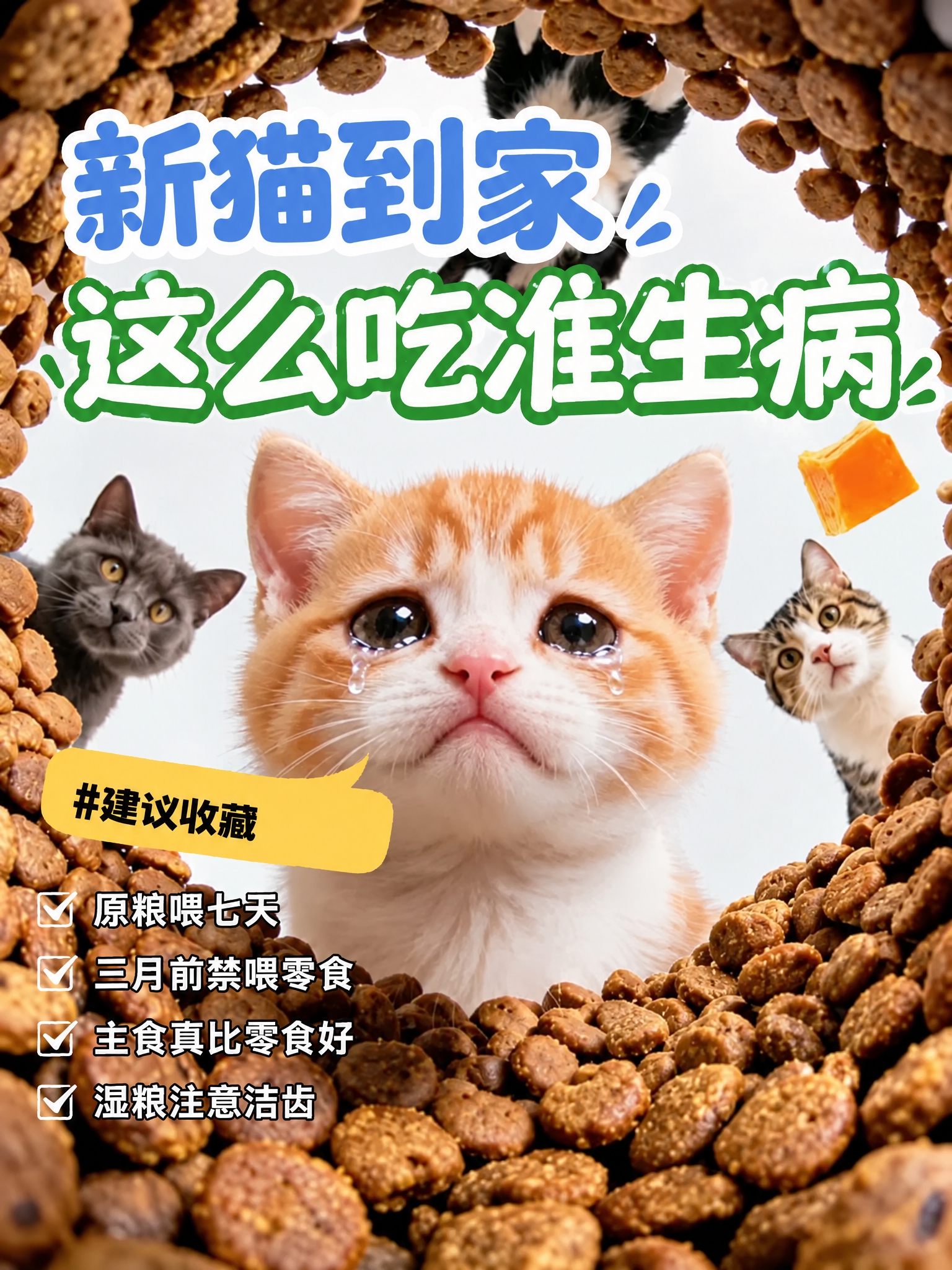 基于参考图进行修改：1. 将顶部“新猫到家”和“这么吃准生病”… - 图片创意预览
