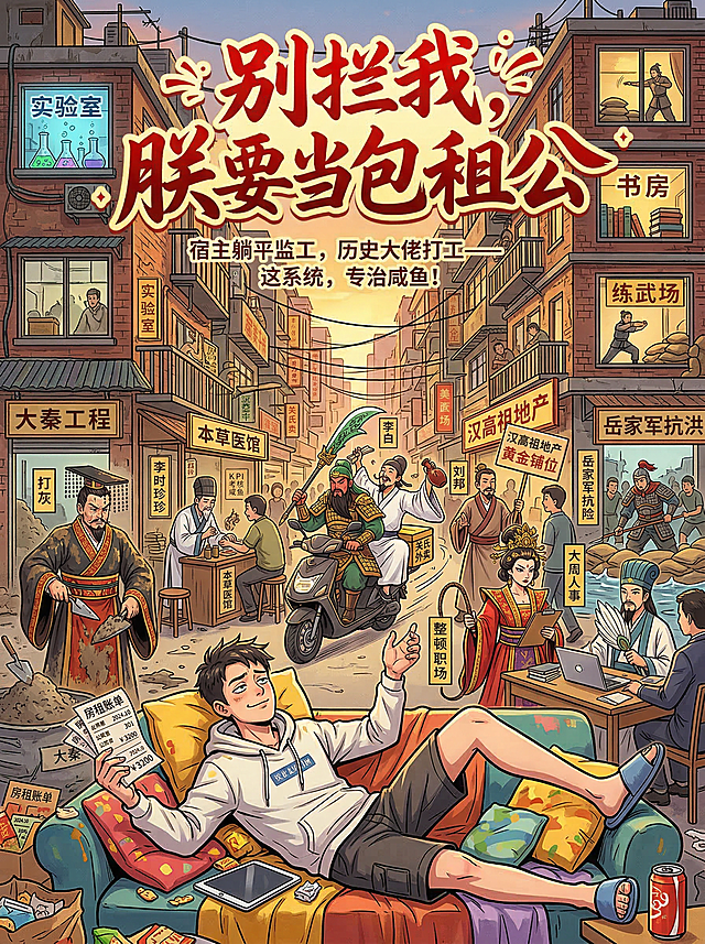 搞笑版小说《别拦我，朕要当包租公》书籍封面，前景是现代年轻人陆川慵懒躺在沙发上，手里拿着房租账单，表情无奈又得意；中景挤着一群反差人设的各忙各的历史人物：嬴政打灰，李时珍坐诊，关羽帮李白送外卖，刘邦卖房，武则天整顿职场，诸葛亮做企业顾问，岳飞抗洪；背景是城中村出租楼，窗户透出实验室、书房、练武场字样，顶部是手写风格书名"别拦我，朕要当包租公"，下方添加卖点宣传文字：“宿主躺平监工，历史大佬打工——这系统，专治咸鱼！”；主色调暖黄色+中国红，点缀金色，整体是搞笑反差萌爆笑爽文风格的网文书封