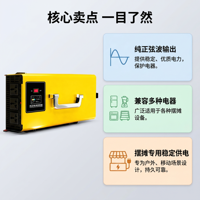 [主图 2] Bento栅格多亮点展示主图
[氛围风格] 科技简约，干净清晰
[画质] 商业摄影质感、光线通透、产品清晰真实、画面干净高级
[元素] 黄色逆变器产品主体放在左侧占比约50%，保持产品外预览效果