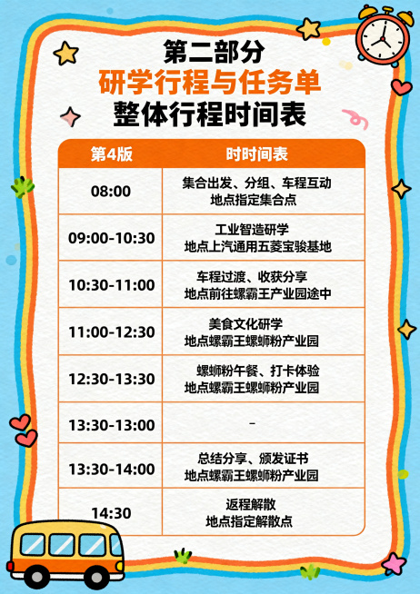 设计柳州研学手册行程时间表页，A4竖版，保持橙蓝白活泼风格，顶部标题"第二部分 研学行程与任务单 整体行程时间表"，完整呈现表格内容：08:00 集合出发、分组、车程互动 地点指定集合点；09:00-预览效果