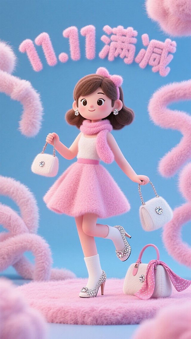 软3D风格卡通女孩，毛发生长质感，粉色毛绒元素营造甜美可爱氛围，搭配膨胀风造型与促销满减主题，萌趣十足。