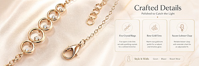 [商品] 使用【图3】玫瑰金Y型镶水晶身体链局部特写；保留五枚镶钻镂空圆环、细密O型链、龙虾扣、延长链、玫瑰金抛光光泽与水晶切割反光；微距角度真实，不改变结构、颜色和比例。
[画面] 细节质感与搭配收尾页：左侧大面积微距特写（圆环与链条抛光质感、水晶折射、柔和反光），右侧上下堆叠的浅金描边信息卡（卡内文字横向），放细节卖点与搭配建议；背景暖米白丝绸质感，产品占画面约65%，金属高光细腻。
[视觉] 套系策略：风格=跨境高级极简珠宝商业摄影；标题字=优雅现代衬线体；正文字=简洁无衬线体；主色=暖米白；背景延展=暖米白至浅玫瑰金渐变、细腻大理石与丝绸质感；强调色=玫瑰金，仅用于小面积图标、引线和标签；标题色=深暖黑；正文色=暖灰；组件=细金线引线、浅金描边信息卡、圆点标签；光影=柔和顶侧光、细腻金属高光。
[文字] 标题"Crafted Details"、副标题"Polished to Catch the Light"；信息点"Five Crystal Rings"、"Rose Gold Tone"、"Secure Lobster Clasp"；搭配建议"Style It With: Gown · Blazer · Resort Wear"，全部横向排版，文字不遮挡圆环与链条。
[规格] 3:1横版，4K，避免变形、错字、竖排文字、亚洲面孔、冷蓝/蓝灰背景、链条结构改变、多余零件、水印。