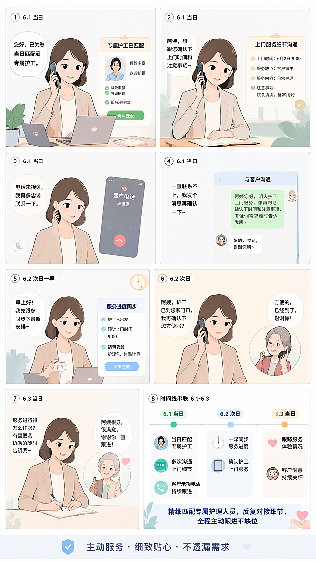 简约扁平治愈小漫画风格，清新浅色系配色，线条柔和，人物温柔写实，无复杂背景，职场服务温暖风，干净通透画面。第8格：时间线串联6.1-6.3，展示保险专员多项服务动作：当日匹配专属护工、多次沟通上门细节、客户未接电话持续跟进、次日一早同步进度、确认上门服务，体现主动服务、细致贴心、不遗漏需求。画面旁白字幕：“精细匹配专属护理人员，反复对接细节，全程主动跟进不缺位”