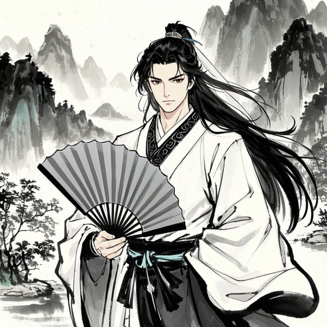 中景展现，古风少年手持折扇，白衣飘飘，身后是青山绿水，眉宇间透着英气，画面色调淡雅，笔触细腻，水墨画预览效果