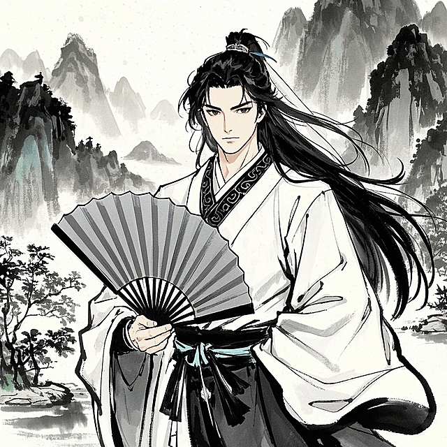 古典中式插画风，水墨山水背景，人物手持折扇，尽显雅致韵味。