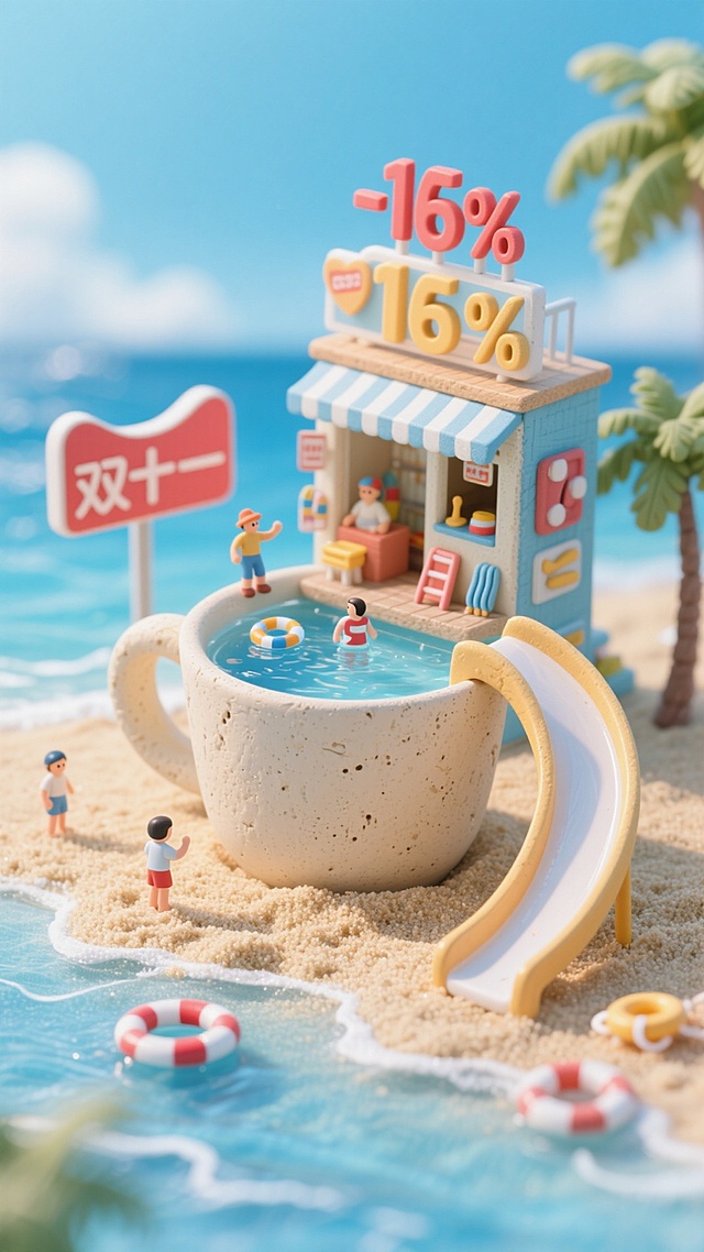 软3D风微缩艺术场景，卡通感十足的沙滩咖啡杯泳池，搭配粘土质感人物与促销元素，趣味十足，传递双十一16%折扣的可爱促销信息。