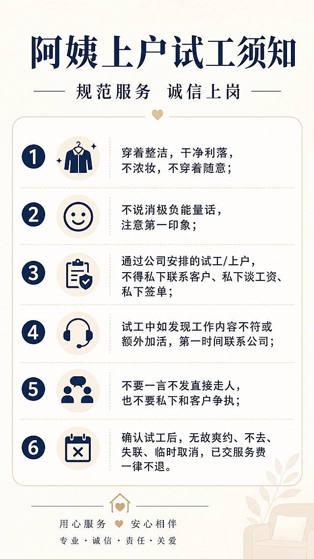 简约商务风格的阿姨上户试工须知提示卡，画面顶部大字显示主标题"阿姨上户试工须知"，副标题"规范服务 诚信上岗"，正文分六条清晰排列须知内容：1. 穿着整洁，干净利落，不浓妆，不穿着随意；2. 不说消极负能量话，注意第一印象；3. 通过公司安排的试工/上户，不得私下联系客户、私下谈工资、私下签单；4. 试工中如发现工作内容不符或额外加活，第一时间联系公司；5. 不要一言不发直接走人，也不要私下和客户争执；6. 确认试工后，无故爽约、不去、失联、临时取消，已交服务费一律不退。整体设计简单明了，干净整洁，文字清晰可读，采用浅米色背景，深蓝色文字，分区排版，留白合理，专业温馨风格，适合家政服务公司使用。