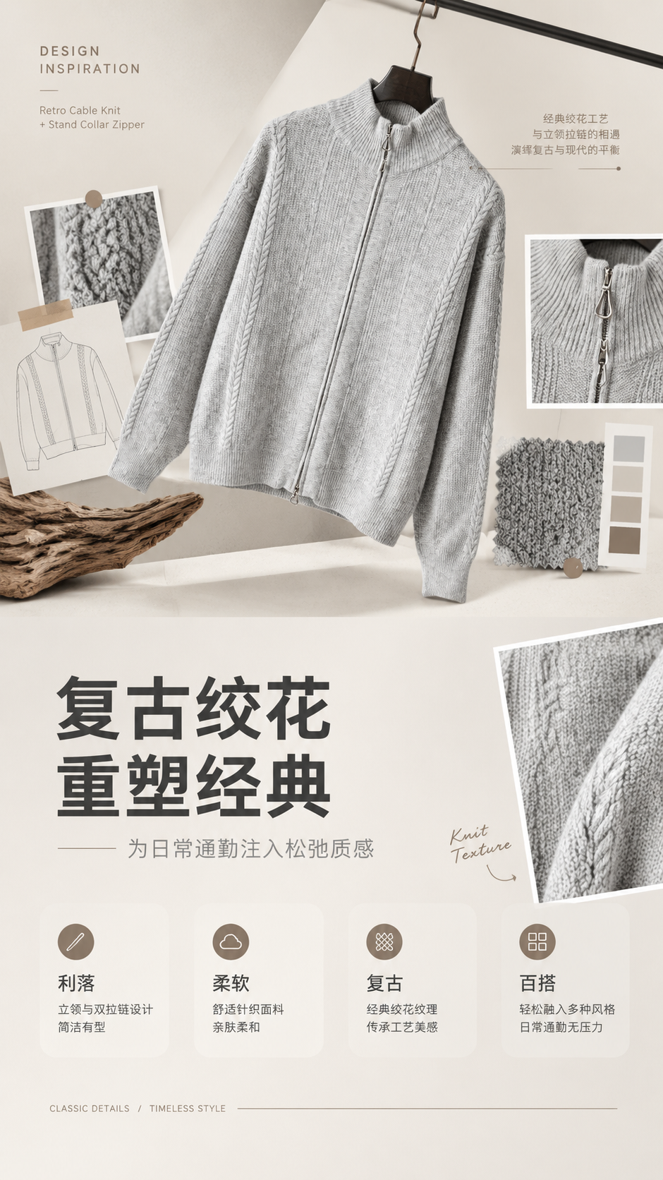 [商品] 使用【图1】浅灰色立领双拉链绞花针织开衫；商品处理：… - 图片创意预览