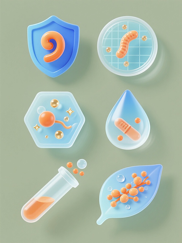 一组6个益生菌主题的系列图标，保持3D立体渐变风格，透明半液态质感，主色调为浅蓝色与橙色，统一纯色背景，每个图标包含不同的益生菌元素设计：1. 蓝色盾牌内螺旋状益生菌与橙色活性球；2. 圆形培养皿中网格状益生菌菌落与悬浮气泡；3. 六边形胶囊外壳内流动的益生菌菌群与金色闪光点；4. 水滴造型包裹的双歧杆菌链条与橙色能量颗粒；5. 试管容器中上升的益生菌菌株与透明液泡；6. 叶片形状载体上的益生菌群落与露珠，所有图标规整排列，保持一致的光影效果、圆角处理和半透明材质表现。
