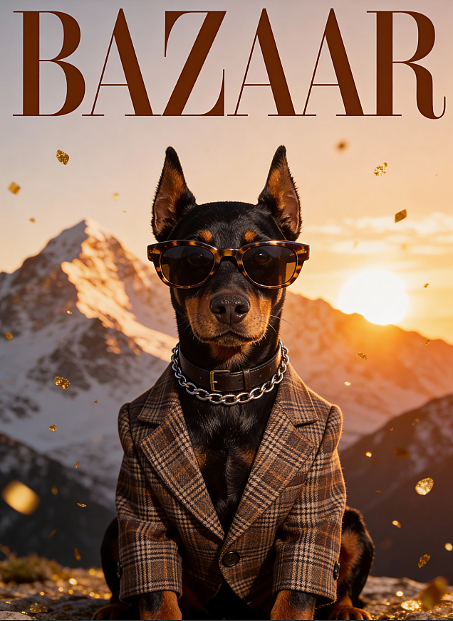 主体身着复古格纹西装外套，搭配金属链条装饰的皮质项圈，还佩戴着一副玳瑁纹墨镜；背景为实景日照金山，点缀飘落的金色亮片；画面顶部放置醒目 “BAZAAR” 艺术字样，还原时尚刊标志性版式；整体采用高饱和暖棕色调，居中构图聚焦宠物主体，使其紧凑占据画面核心区域，视觉精致且格调十足。