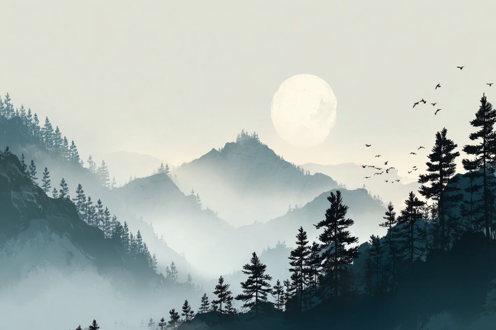 「图片1」生成一张雾松图片。画面中松树与山脉层次分明，苍白的月亮下，远处的松树和山脉之间有雾气若隐若现，鸟儿在雾中翱翔，构成了一幅宁静而引人注目的画面预览效果