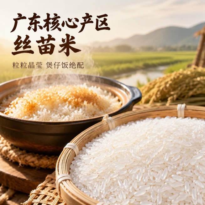 [主图-1] 广东丝苗米核心产品首图，展示晶莹米粒与诱人煲仔饭场景，氛围为简约自然高端农家原生态风格，低饱和度自然氛围，要求商业摄影质感，光线柔和通透，产品清晰真实，画面干净高级，还原米粒晶莹剔透质感预览效果