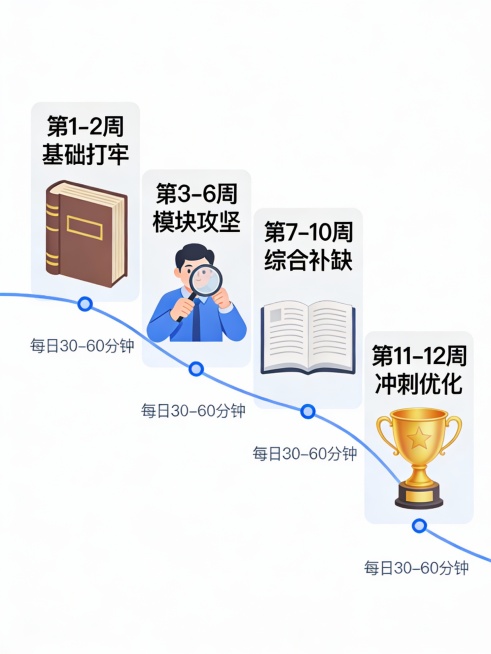 时间轴设计：横向展示“第1–2周基础打牢→ 第3–6周模块攻坚 → 第7–10周综合补缺 → 第11–12周冲刺优化”，每个阶段配图标（如字典、放大镜、试卷、奖杯），下方标注每日30–60分钟。简洁信预览效果