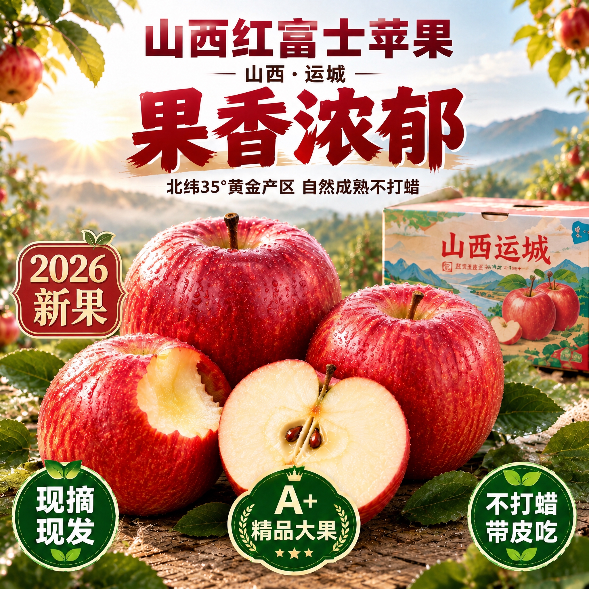 严格保持原图构图、光影、苹果、包装箱、竹篮、布料及所有原有中文… - 图片创意预览