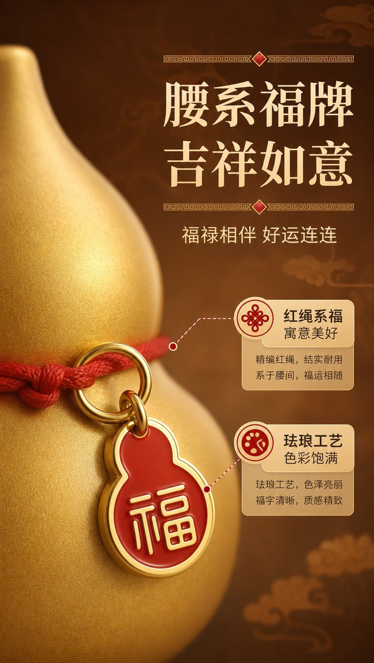 [商品] 使用【图3】龙首衔福铜葫芦福牌特写；保留葫芦造型、红… - 图片创意预览