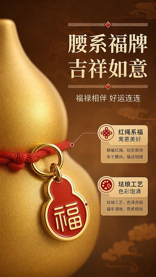 [商品] 使用【图3】龙首衔福铜葫芦福牌特写；保留葫芦造型、红绳、金色圆环、红色葫芦形福字吊牌；福牌上「福」字清晰可辨，珐琅红色彩饱满，金边精致。
[画面] 页面目标：展示腰系福牌吉祥如意卖点；构图右文左图，福牌局部占画面55%，葫芦腰部侧面特写角度，景别为微距特写；阅读动线从右上到左下，前景福牌高清特写、中景红绳与葫芦腰部曲线、后景暖棕色渐变背景配淡金色祥云纹理；用引线标注福牌细节与红绳编织工艺。
[视觉] 套系策略：风格=新中式国风高级商业静物摄影；标题字=宋体粗体（思源宋体 Heavy）；正文字=现代无衬线中黑体（思源黑体）；主色=暖金棕；背景延展=基于暖金棕做深浅层级、同色渐变和细腻祥云/丝绸质感；强调色=中国红，仅用于小面积图标、引线、福牌和标签；标题色=深棕金；正文色=暖深灰；组件=圆角金边信息卡、细线引线、中式回纹装饰条；光影=侧前暖柔光突出福牌珐琅光泽，金边高光精致，柔和投影。
[文字] 右侧主标题「腰系福牌 吉祥如意」，副标题「福禄相伴 好运连连」，下方配2个短说明「红绳系福 寓意美好」「珐琅工艺 色彩饱满」，文字区不遮挡福牌与红绳细节。
[规格] 图片比例9:16竖版，4K分辨率，京东平台适配；避免变形、错字、文字过小、冷蓝/冷灰背景、材质变色、结构失真、极限词。