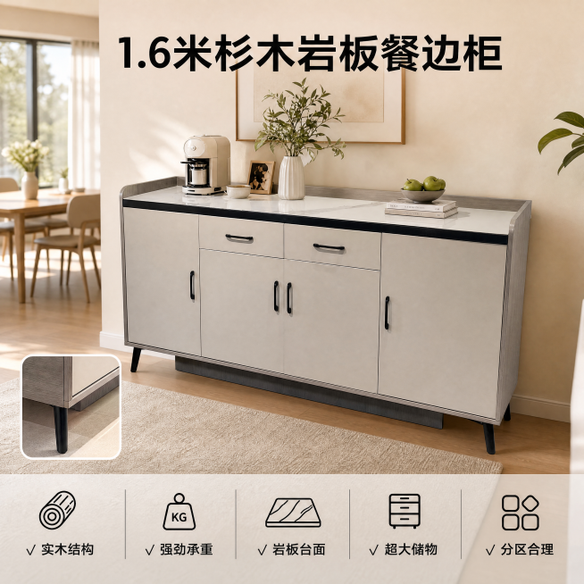 [主图-5] 产品核心卖点总结，现代简约杉木岩板餐边柜
[氛围风格] 现代简约整洁干净，温馨居家氛围
[画质] 商业摄影质感、光线柔和通透、产品清晰真实、画面干净高级
[元素] 主体展示餐边柜完整斜侧预览效果