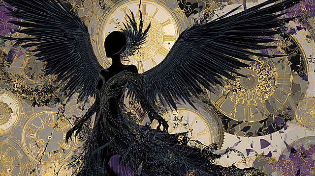 Devil Homura silhouette, black body, black face, no facial features, massive black feathered wings outlined with glowing golden veins. A background of shattered hourglasses and melting clockwork gears. Intricate dark lace veils, glowing purple diamond accents, thorny golden vines wrapping around her, a sense of tragic elegance, obsidian and champagne gold color palette. --ar 16:9