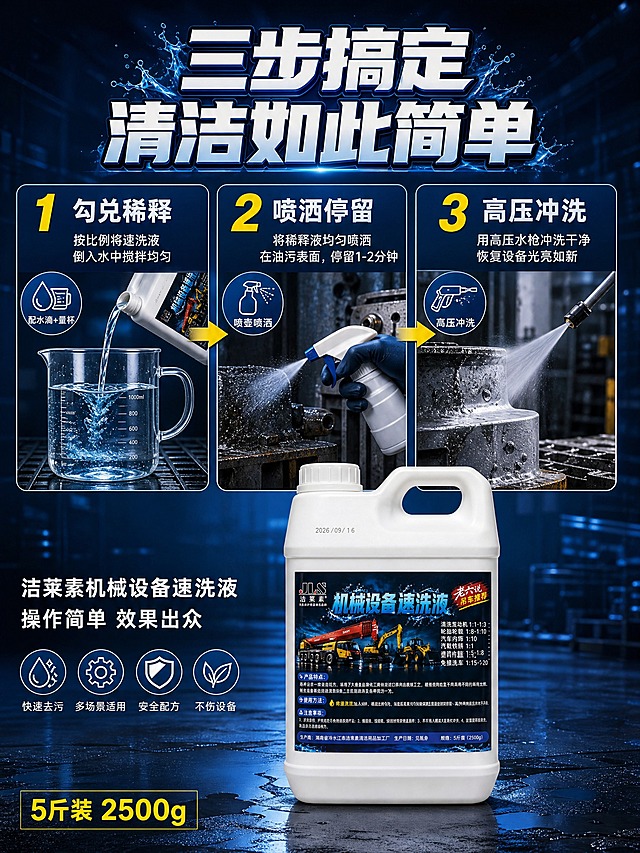 [主图-4 3:4] 使用步骤演示竖版图，三步法展示清洁操作流程。
[统一基调] 工业硬核风，深蓝渐变背景，标题亮白蓝色描边立体粗黑体，步骤编号黄色高亮。
[画面] 竖版构图，顶部大标题，中部三步流程横向排列带箭头连接，底部产品展示。三步流程：第1步"勾兑稀释"——量杯中将速洗液按比例倒入水中搅拌，配水滴+量杯图标。第2步"喷洒停留"——喷壶将稀释液喷洒在油污表面，配喷壶图标。第3步"高压冲洗"——高压水枪冲洗后表面光亮如新，配高压水枪图标。每步有大号黄色数字编号1/2/3，步骤间有向右箭头连接。画面底部中央放置产品桶白色方桶。
[光影质感] 步骤图标为工业风扁平化图标带立体感，产品桶商业摄影质感，整体光影统一，深蓝背景有细微光效。
[配色] 深蓝背景 + 黄色步骤编号 + 蓝色图标 + 白色产品 + 白色文字。
[文字版式] 顶部大标题"三步搞定 清洁如此简单"蓝色立体白字，三步各有黄色大号数字编号+白色步骤名称+白色小字说明，底部"洁莱素机械设备速洗液 操作简单 效果出众"白色字，"5斤装 2500g"黄色字。
[输出要求] 3:4竖版，步骤清晰易懂，流程感强，产品完整，无变形错字模糊水印。