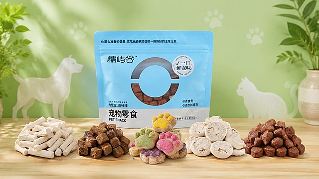 超写实电商直播间背景图。
主体：将1包宠物零食包装和5款宠物零食严格参照上传产品图，完整保留所有可见组件、轮廓、结构、比例、材质、颜色与产品本体上的文字信息，与上传图完全一致；包装放置在后方居中，5款产品依次叠放在前方错落摆放，每个产品之间留有合理空间，不穿模不重叠，所有产品自然融入场景光影，与场景共处同一物理空间。
构图：中心对称构图，产品为第一视觉焦点，整体高端大气，符合头部宠物零食直播间的展示风格。
风格：清新自然高端风。
场景：绿色主题背景，点缀简约宠物猫爪、小狗剪影等宠物相关元素，整体干净高级，适合直播展示。
空间：①后方，浅绿渐变背景墙，点缀浅色系可爱猫爪轮廓暗纹；②前方，浅色原木展示台，干净平整。
配色 / 材质：主色调为清新绿色，搭配原木浅棕、白色，自然清新。
光影：主光从正前方照亮产品，光线明亮柔和，突出产品食材质感，无明显硬阴影。
参数：4K写实。严格锁定宽高比为 16:9。